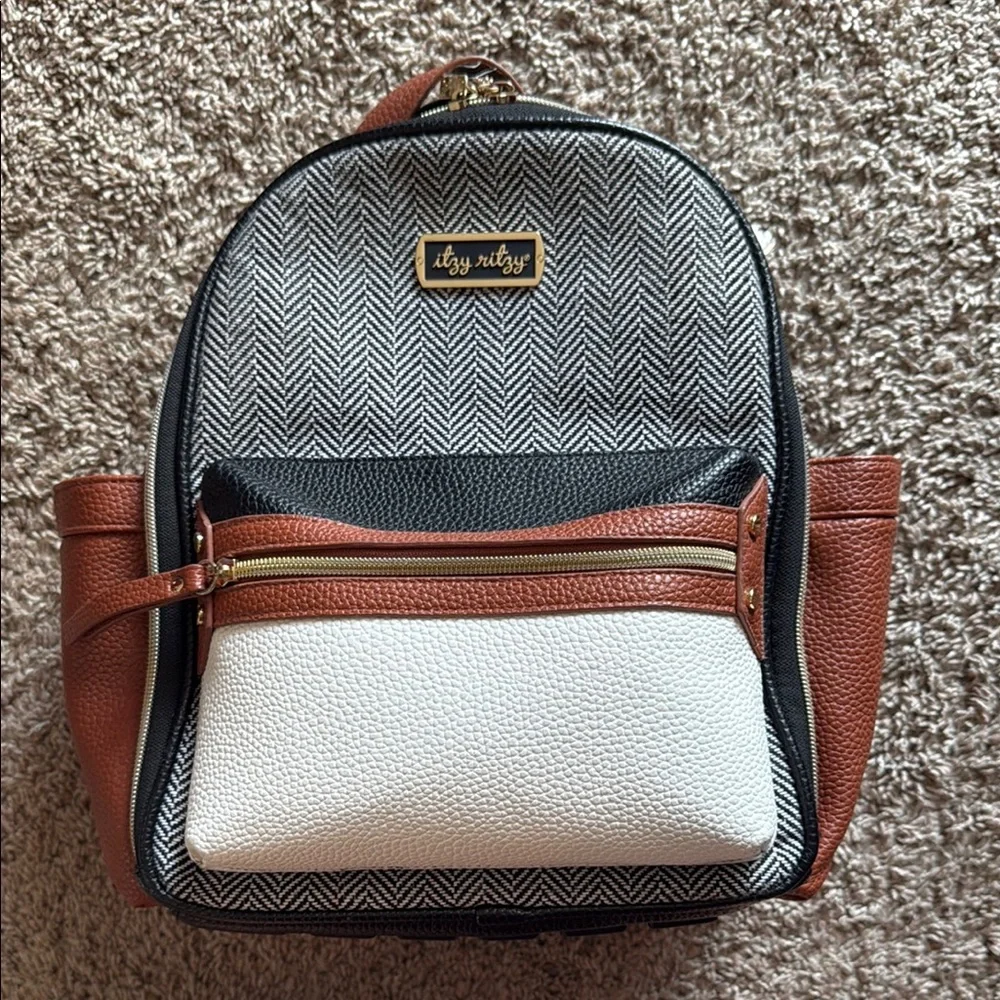 itz-ritzy Herringbone Mini Backpack - Black, White & Brown